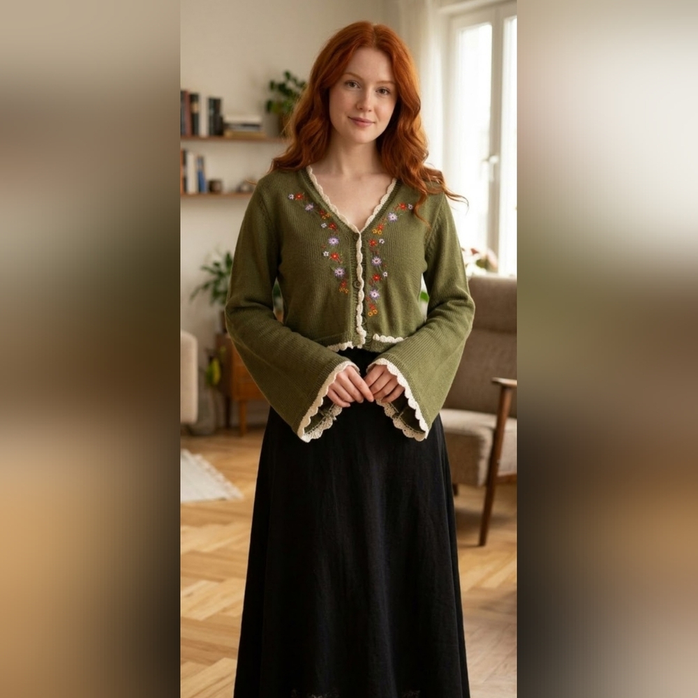 Olive Floral Embroidered Button-Front Cardigan
